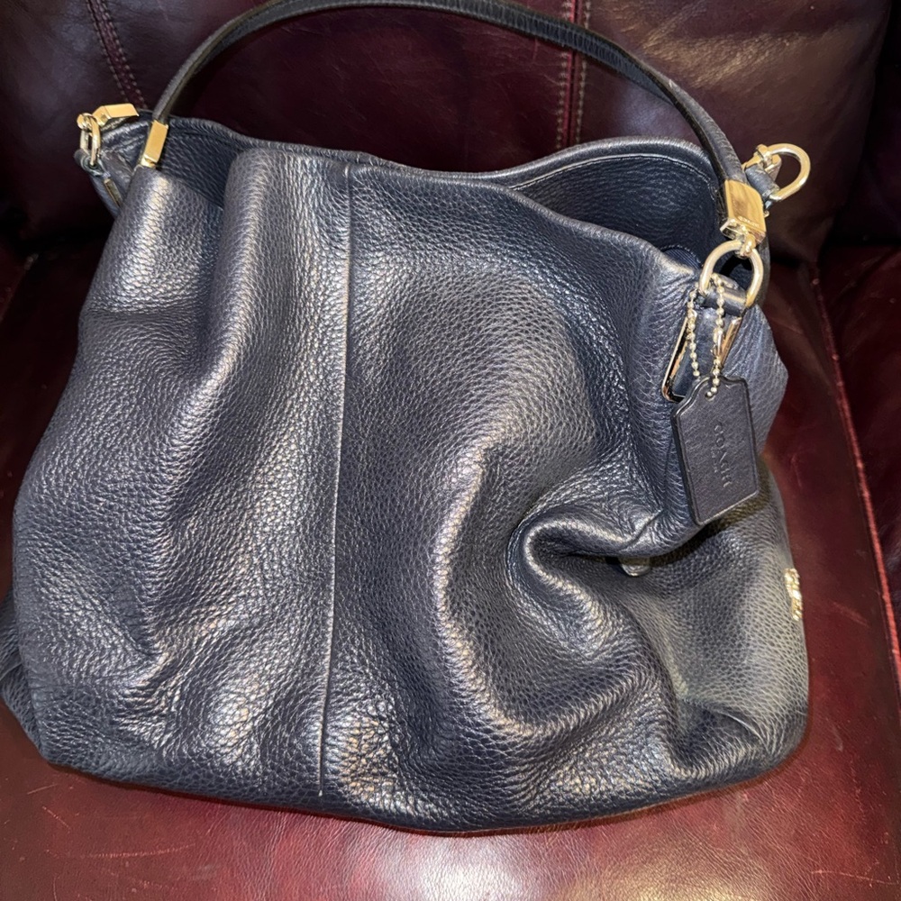 Coach Navy Leather Shoulder Bag with Gold Accents